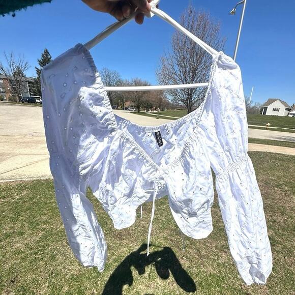 H&M‎ Divided White Eyelet Tie Front Long Sleeve Balloon Top Size XL Blouse - Picture 6 of 10